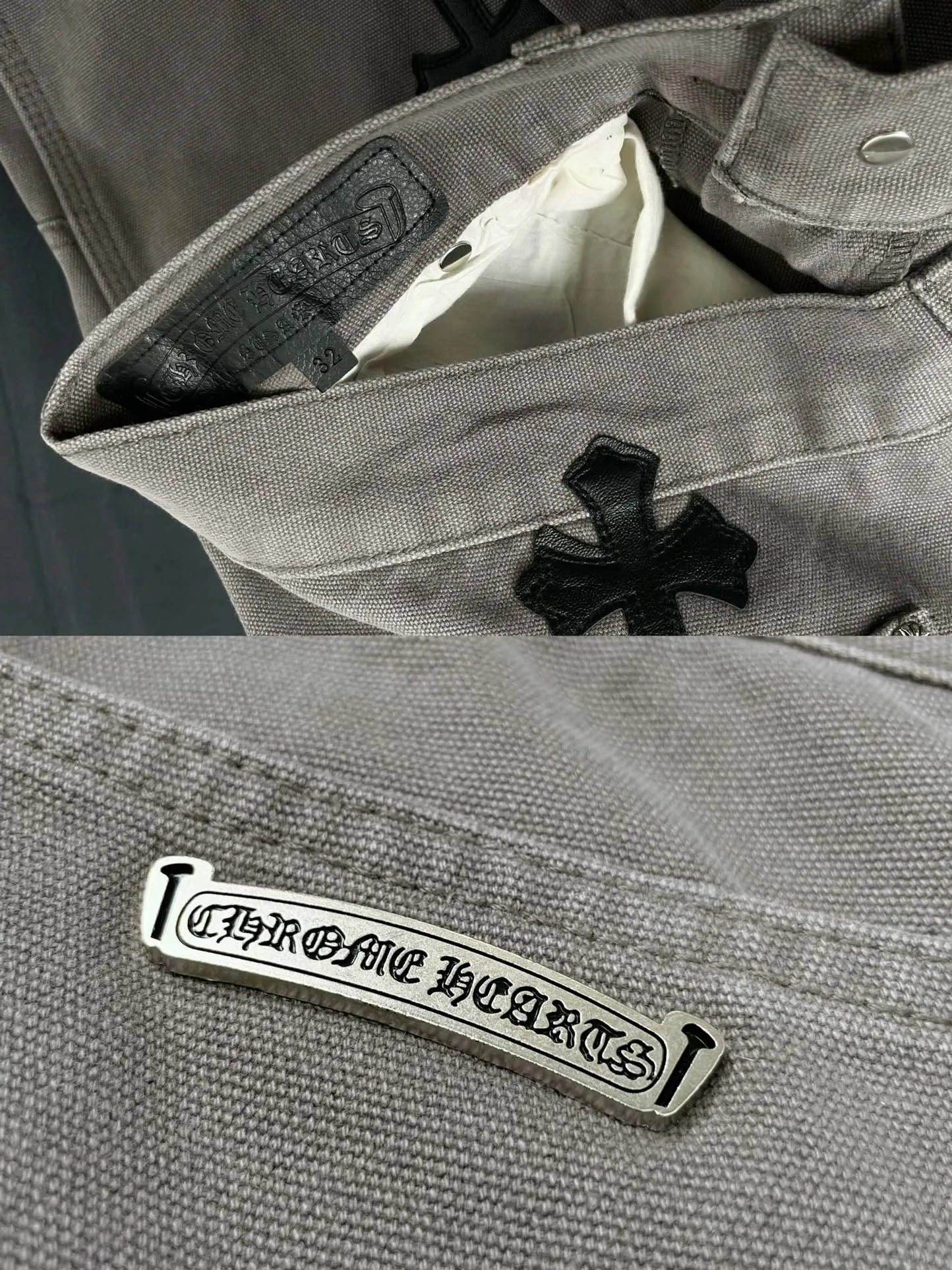 🅿️290 Correct version Item number: C01 Chrome Hearts CH double knee cross patch leather b01 version logging pants straight leg Sanskrit overalls, cabinet W level, patch cross pattern embellishment, high waist washed jeans! ! Absolutely high-end luxury products, 1.9W level god-level single products, super popular products, made with top heavy industry, a magic weapon that cannot be missed. About Zangyin, this is an extremely luxurious fashion brand, which can also be called the aristocrats of the high street. It has always been an exclusive brand for some hipsters or rich second generation. Compared with ordinary high streets, it is more luxurious and noble. Compared with luxury brands, it has a more fashionable personality and has always been a brand that I have a special liking for. Imported yarn is custom-woven into a high-density twill canvas, which ensures a crisp silhouette and a very delicate hand feel. It follows the B01 classic silhouette, with a crisp and stylish upper body. The ready-made garments are stone-milled and fermented, so they can be matched with any style. Buttons and zippers are made of authentic YKK retro metal products. Double-layer canvas on the front knees has perfect details. All hardware is customized.  Color #Gray Size #S-XL S Waist 77 Hips 102 Length 102 Opening 20 M Waist 81 Hips 106 Length 104 Opening 21 L Waist 85 Hips 110 Length 106 Opening 21.5 xL Waist 90 Hips 114 Length 108 Opening 22